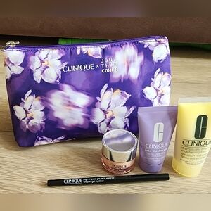 Clinique Purple Floral Makeup Gift Bag + 4 Pcs Travel Skincare Essentials Set
